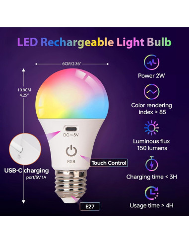 Bombilla LED recargable JCPYIUL LE001 E26 RGB 6W