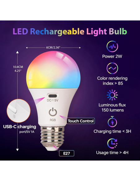 Bombilla LED recargable JCPYIUL LE001 E26 RGB 6W
