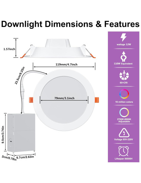 Luces LED empotradas inteligentes 4" RGB+CCT ChangM 12W 1080LM