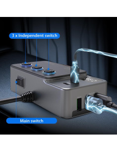 Adaptador Divisor de Encendedor 120W HURMAI 3 Toma 12V USB 2