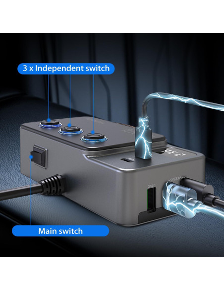 Adaptador Divisor de Encendedor 120W HURMAI 3 Toma 12V USB
