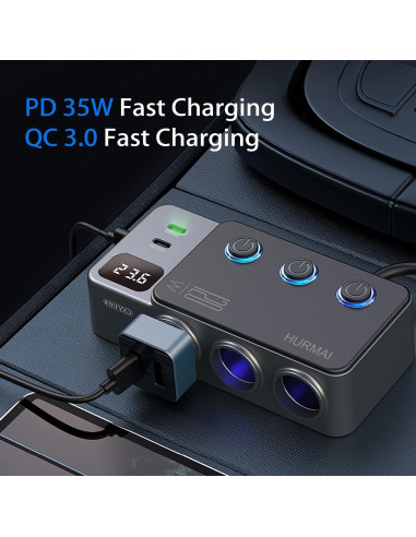 Adaptador Divisor de Encendedor 120W HURMAI 3 Toma 12V USB
