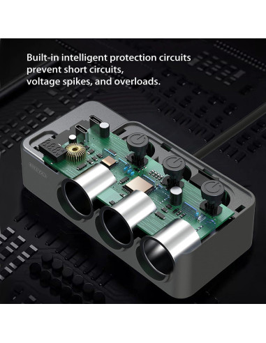 Adaptador Divisor de Encendedor 120W HURMAI 3 Toma 12V USB