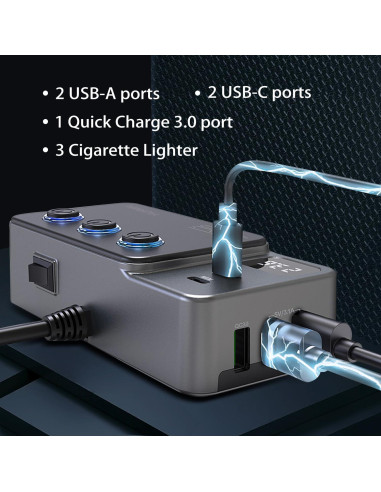 Adaptador Divisor de Encendedor 120W HURMAI 3 Toma 12V USB