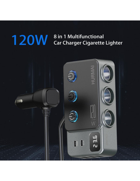 Adaptador Divisor de Encendedor 120W HURMAI 3 Toma 12V USB