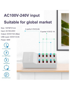 Estación de Carga USB MaxLax 10 Puertos 50W 10A Smart IC 2