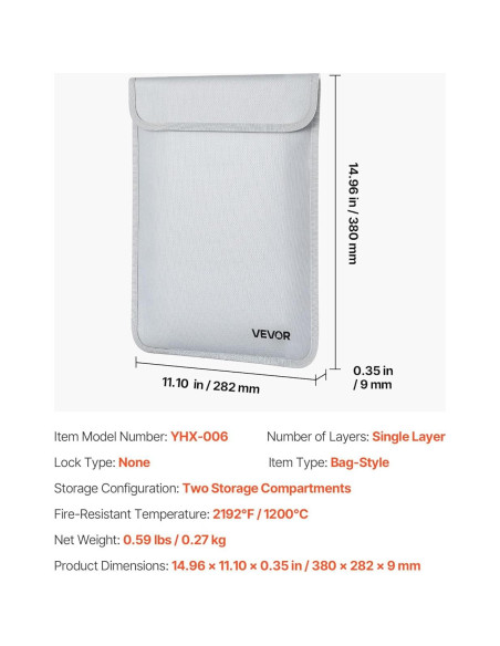 Bolsa Aislante a Prueba de Fuego VEVOR 380x282mm Impermeable