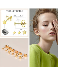 Pendientes de Stud Hopply Acero Quirúrgico Hipoalergénico 3 Pares 2