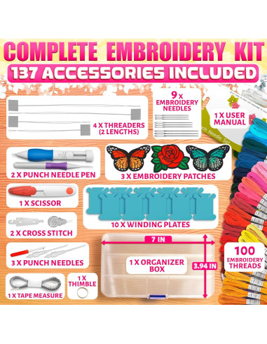 Kit de Bordado ZOKLU 137 Piezas con 100 Colores y Estuche