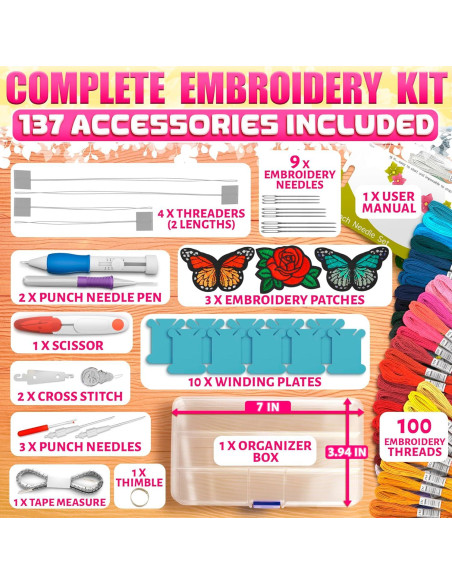 Kit de Bordado ZOKLU 137 Piezas con 100 Colores y Estuche