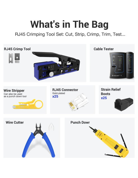 Kit de Crimpado RJ45 VCELINK Cat6/7 con Probador y 25 Conectores