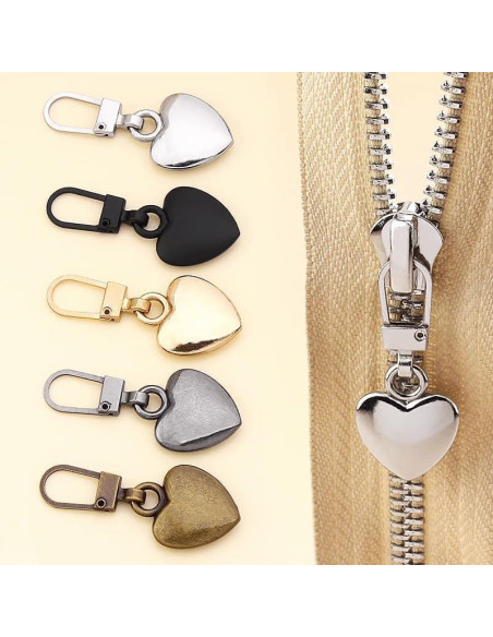 Tiradores de Cremallera Corazón Plateado Zenarao - 5 Piezas