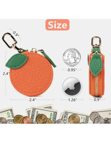 Monedero Kawaii de Cuero QUNAWAN Naranja con Soporte para Llaves