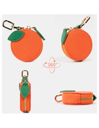 Monedero Kawaii de Cuero QUNAWAN Naranja con Soporte para Llaves