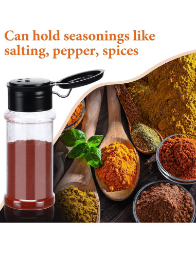 50 Tarros de Especias Plástico 100ml Mimorou con Tapa Negra