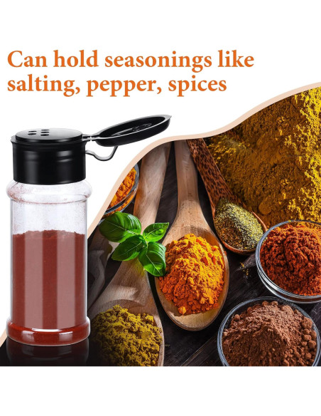 50 Tarros de Especias Plástico 100ml Mimorou con Tapa Negra