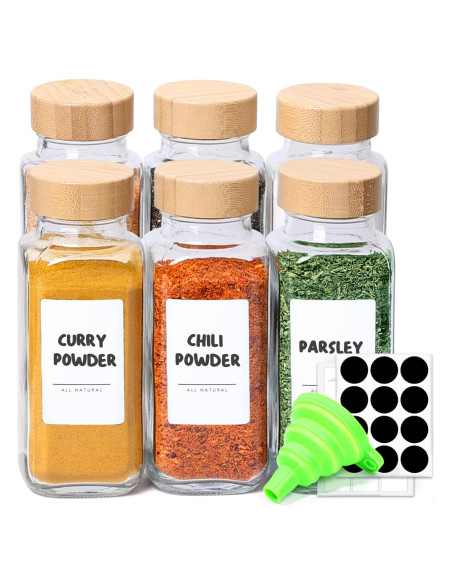 Tarros de Especias de Vidrio ComSaf 6Pcs 226.8g con Tapa de Bambú Tarros de Especias de Vidrio ComSaf 6Pcs 226.8g con Tapa de Bambú