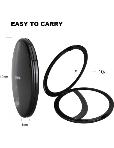 Espejo Cosmético Compacto Deweisn 10x Aumento Negro 10.16 cm