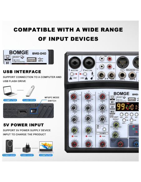 Mezclador de Audio BOMGE 04D Bluetooth 4 Canales USB 48V