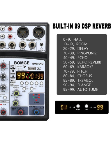 Mezclador de Audio BOMGE 04D Bluetooth 4 Canales USB 48V