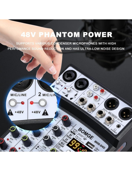 Mezclador de Audio BOMGE 04D Bluetooth 4 Canales USB 48V