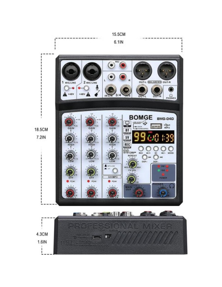 Mezclador de Audio BOMGE 04D Bluetooth 4 Canales USB 48V