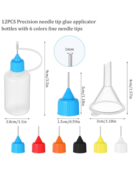 12 Botellas de Squeeze Quilax 30ml con Punta de Aguja y Embudos