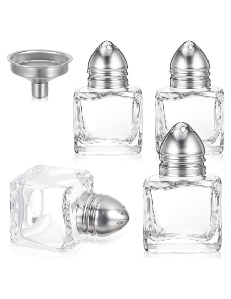 4 Mini Saleros y Pimenteros de Vidrio con Embudo Acero Inoxidable