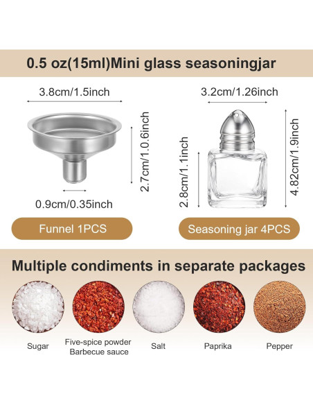 4 Mini Saleros y Pimenteros de Vidrio con Embudo Acero Inoxidable