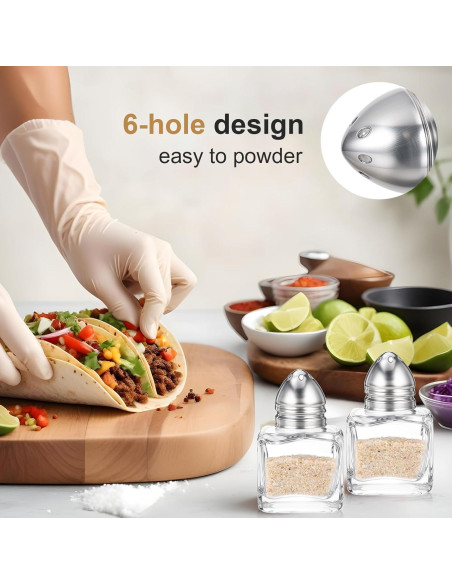 4 Mini Saleros y Pimenteros de Vidrio con Embudo Acero Inoxidable