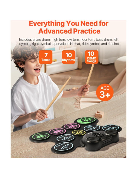 Juego de Batería Eléctrica VEVOR 9 Pads Multicolores para Niños