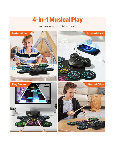 Juego de Batería Eléctrica VEVOR 9 Pads Multicolores para Niños