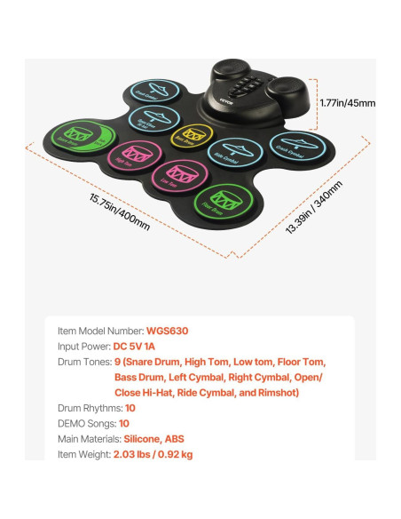 Juego de Batería Eléctrica VEVOR 9 Pads Multicolores para Niños