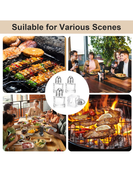 4 Mini Saleros y Pimenteros de Vidrio con Embudo Acero Inoxidable