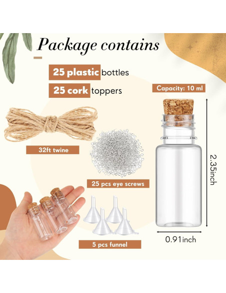Bokon 25 Mini Botellas de Plástico con Corcho 5.79 cm