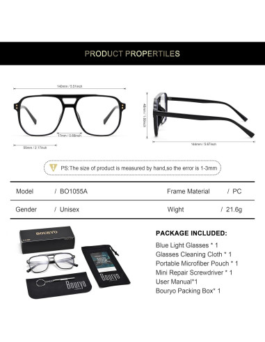 Gafas de Lente Claro Bouryo para Mujeres - Protección UV y Luz Azul