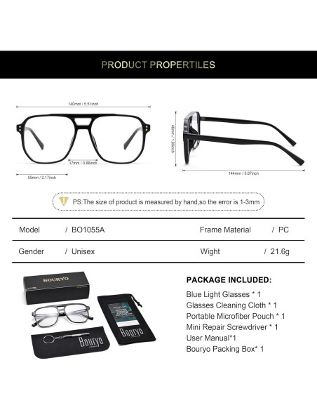 Gafas de Lente Claro Bouryo para Mujeres - Protección UV y Luz Azul