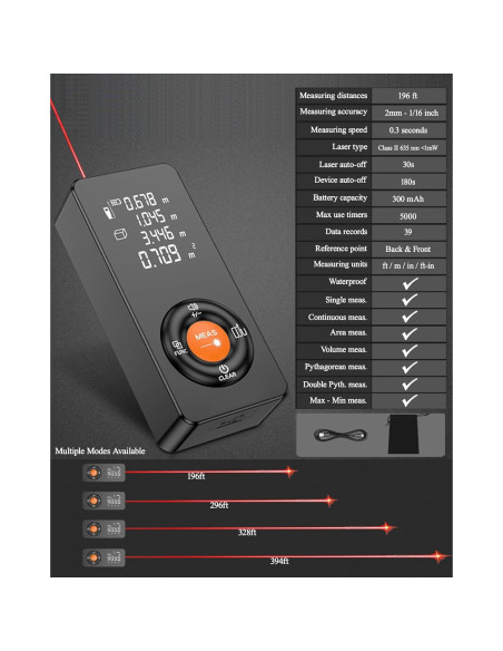 Medidor de Distancia Láser Xbanma 196FT, 59.74m, IP54