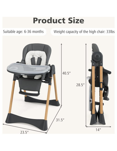 Silla Alta INFANS Plegable para Bebés Ajustable Gris Oscuro