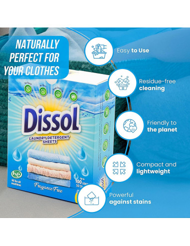 Hojas de Detergente para Ropa Dissol - 50 Hojas Hipoalergénicas