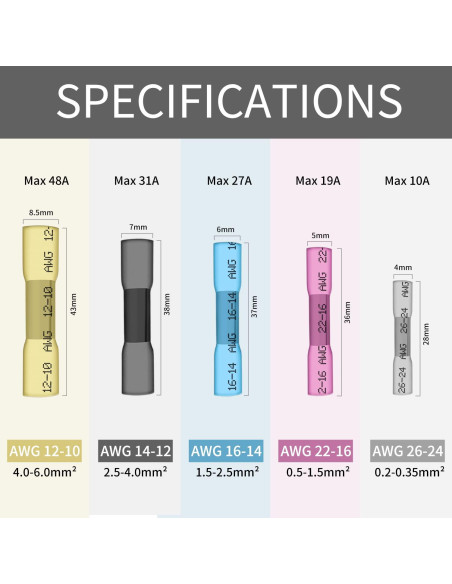 100 Conectores Termorretráctiles Amarillos Qizpcer 12-10 AWG