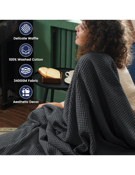 Manta Waffle de Algodón 100% PHF 127x152 cm Negra - Suave y Ligera