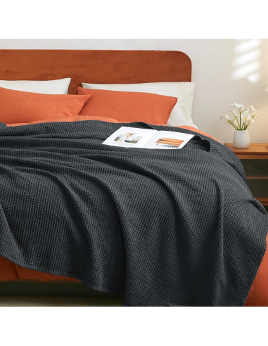 Manta Waffle de Algodón 100% PHF 127x152 cm Negra - Suave y Ligera