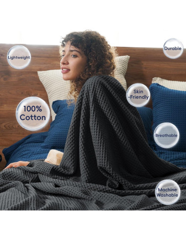 Manta Waffle de Algodón 100% PHF 127x152 cm Negra - Suave y Ligera