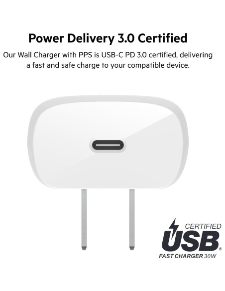 Cargador USB-C Belkin 30W Carga Rápida para iPhone y Samsung