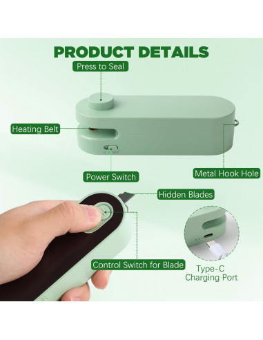 Mini Sello de Bolsas Genérico 2 en 1 Recargable USB-C Verde
