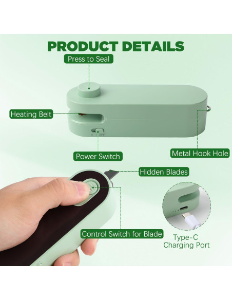 Mini Sello de Bolsas Genérico 2 en 1 Recargable USB-C Verde