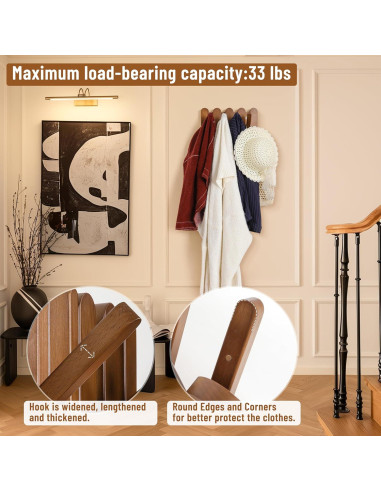 Perchero de Madera KYIAANY 4 Ganchos Pared 30x15 cm