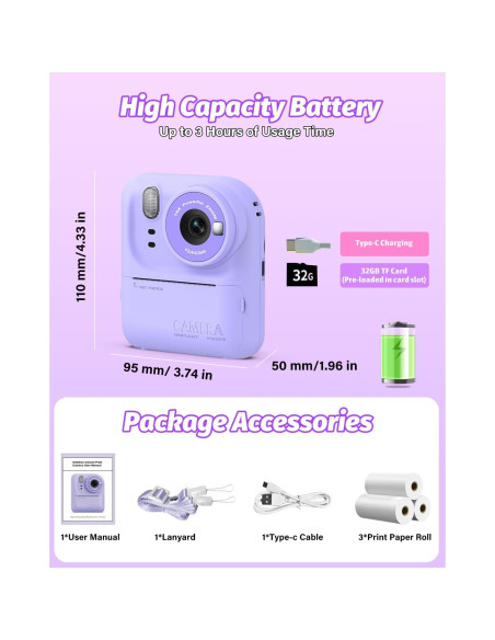 Cámara Instantánea para Niños Teslahero Púrpura 48MP HD