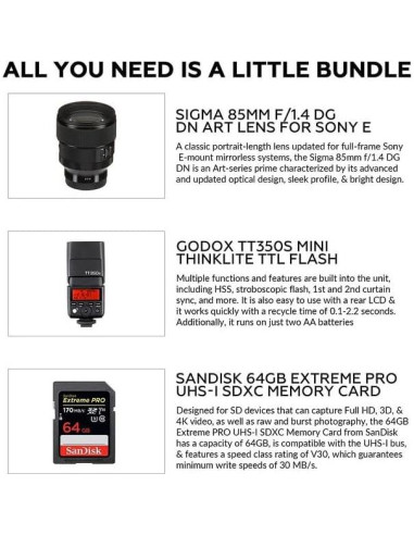 Lente Sigma 85mm f/1.4 DG DN Art para Sony E + Flash Godox TT350S